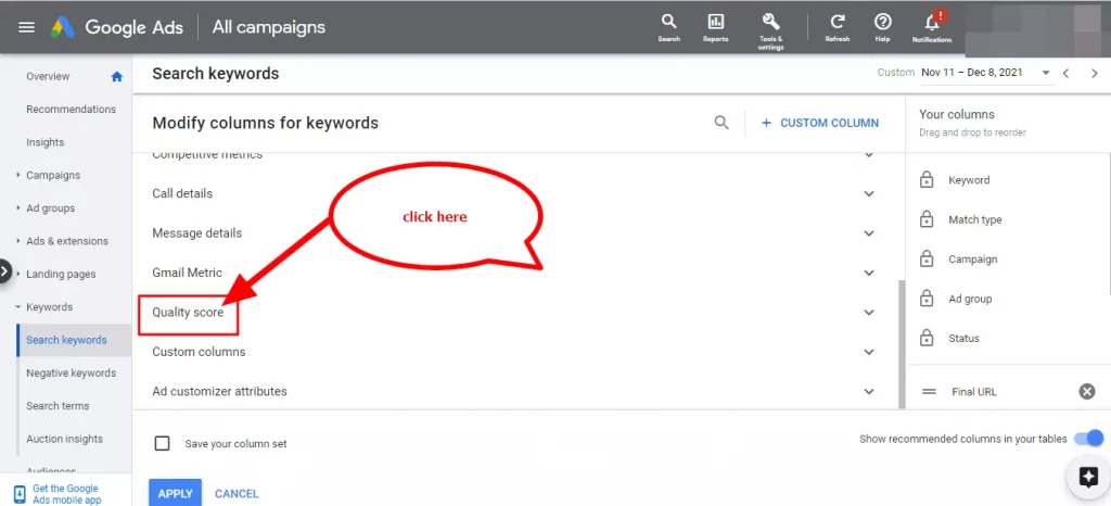 how to add google ad quality score column3