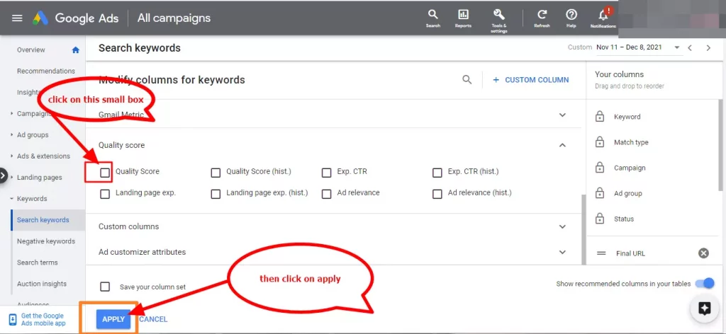 how to add google ad quality score column4